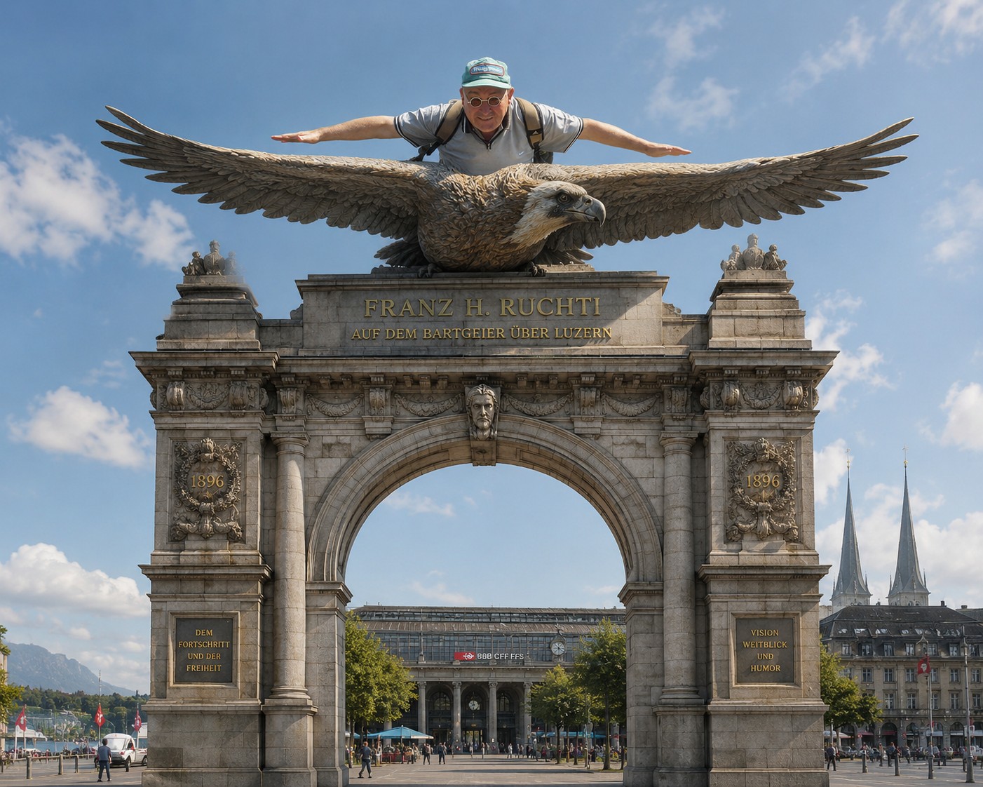 Franz H. Ruchti und der Bartgeier über Luzern
